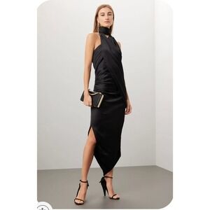 Arias Asymmetrical Midi Dress Black Draped Satin Halter Sash Womens Sz 12